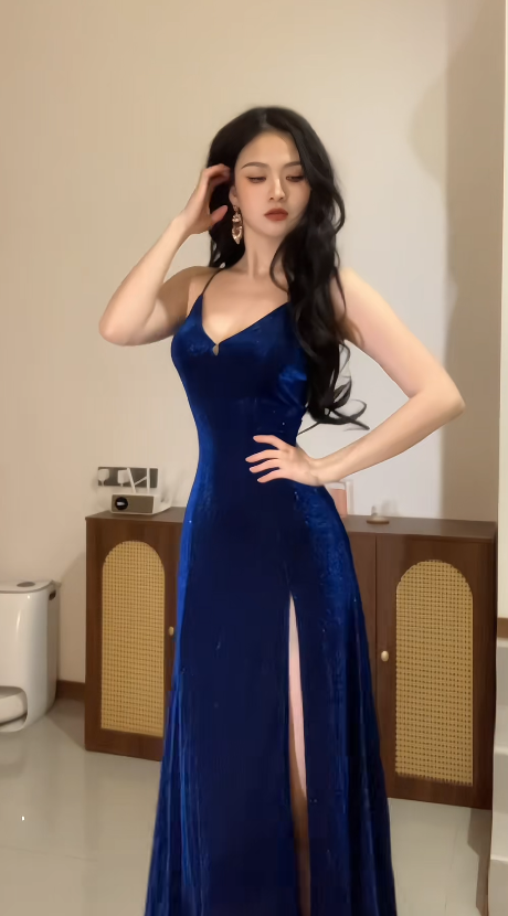 Elegantes blaues Ballkleid Glitzer-Satin-Geburtstagskleid Etui-Spaghettiträger langes Abendkleid mit Schlitz DP05321
