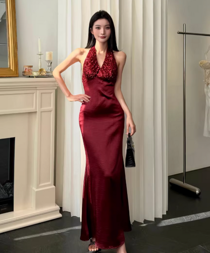 Elegantes burgunderrotes Ballkleid rückenfreies Satinkleid für Geburtstage Etuikleid Neckholder langes Abendkleid DP05322