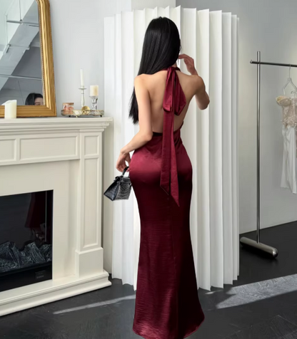 Elegantes burgunderrotes Ballkleid rückenfreies Satinkleid für Geburtstage Etuikleid Neckholder langes Abendkleid DP05322