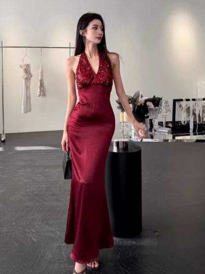 Elegantes burgunderrotes Ballkleid rückenfreies Satinkleid für Geburtstage Etuikleid Neckholder langes Abendkleid DP05322