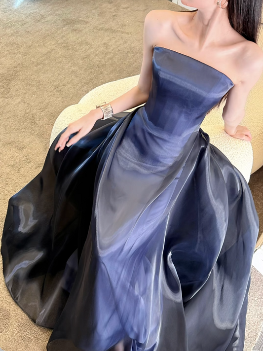 Elegantes Etui-Maxikleid Trägerloses Satin-Partykleid Marineblaues Ballkleid DP05332