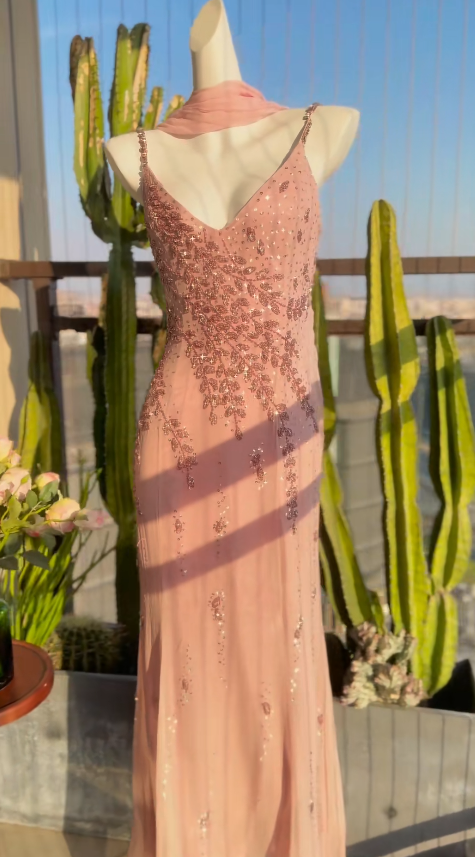 Chic Sheath Long Evening Dress Spaghetti Straps Chiffon Beaded Party Dress Pink Prom Dress DP05334