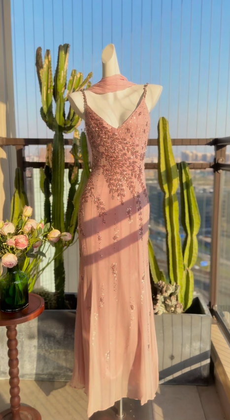 Chic Sheath Long Evening Dress Spaghetti Straps Chiffon Beaded Party Dress Pink Prom Dress DP05334