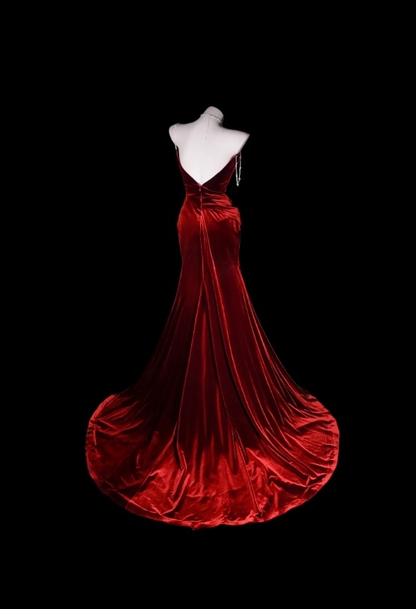 Chic Sheath Long Evening Dress Spaghetti Straps Velvet Party Dress Burgundy Prom Dress DP05335