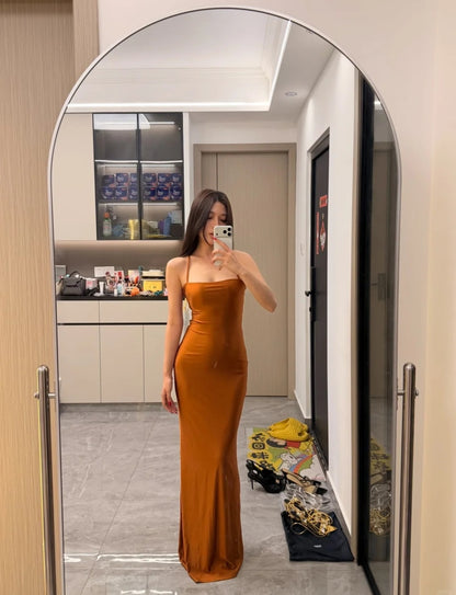 Robe de Soirée Longue Fourreau Sexy Bretelles Fines Satin Robe de Fête Robe d'Invitée Sans Manches DP05338