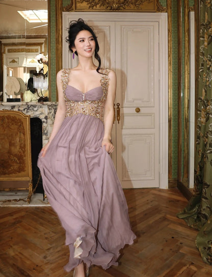 Chic Imperial Brautjungfernkleid Lang Abendkleid Träger Chiffon Applikationen Partykleid Ärmellos Gastkleid DP05339