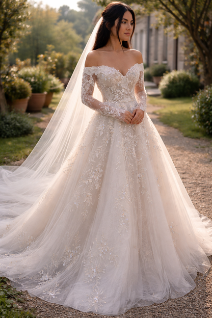 Elegantes A-Linien-Hochzeitskleid Lang Off-Shoulder Tüll-Applikationen Brautkleid Weiß Ärmel Brautkleid DP05342