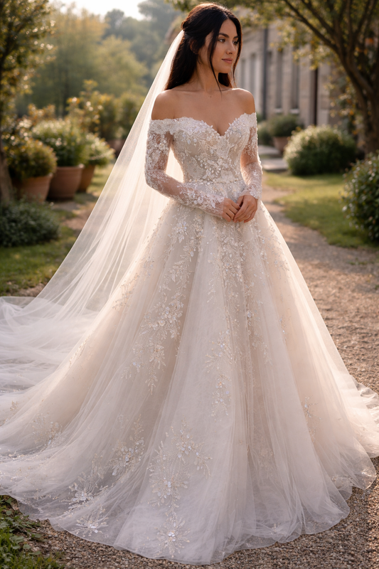Chic A-Line Long Wedding Dress Off-shoulder Tulle Appliques Bridal Gowns White Sleeves Bridal Dress DP05342