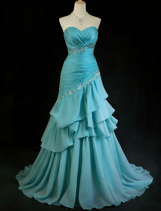 Classy Blue Prom Dress Sheath Sweetheart Chiffon Long Evening Dress DP05345