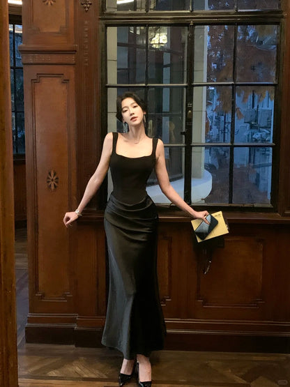 Chic Black Long Evening Dress Spaghetti Straps Sheath Satin Prom Dress DP05351