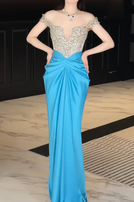 Chic Blue Long Evening Dress Off-shoulder Sheath Satin Beaded Prom Dress DP05352