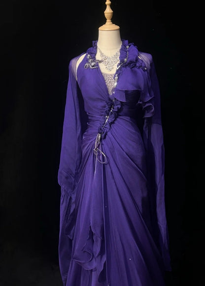 Élégante robe longue de soirée en mousseline avec licou, fourreau, violette, pour bal de promo DP05355