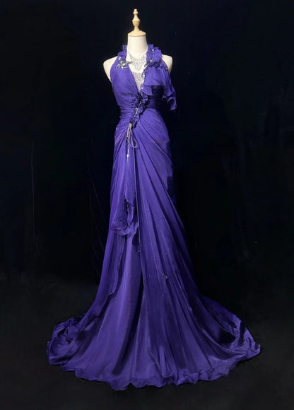 Élégante robe longue de soirée en mousseline avec licou, fourreau, violette, pour bal de promo DP05355