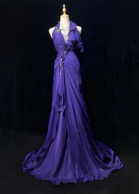 Chic Halter Sheath Chiffon Long Evening Dress Purple  Prom Dress DP05355