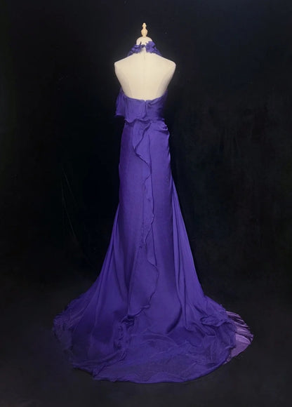 Élégante robe longue de soirée en mousseline avec licou, fourreau, violette, pour bal de promo DP05355