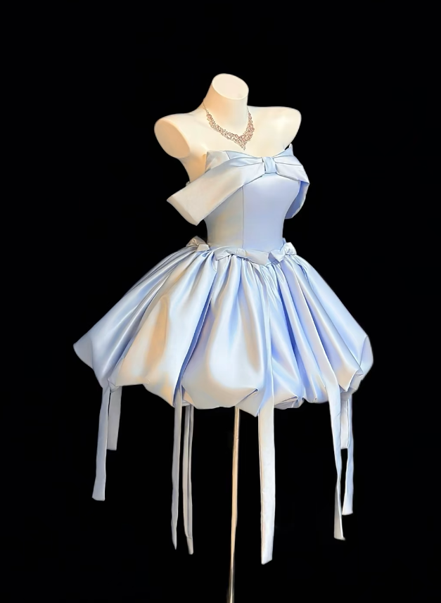 Chic Blue Birthday Dress A-Line Strapless Short Homecoming Dress Satin Sleeveless Party Dress DP05361