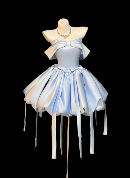 Chic Blue Birthday Dress A-Line Strapless Short Homecoming Dress Satin Sleeveless Party Dress DP05361
