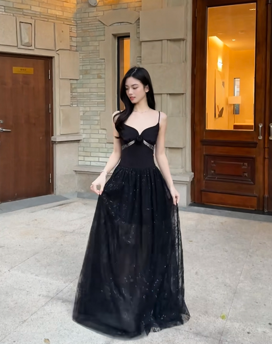 Chic Black Prom Dress A-Line Spaghetti Straps Tulle Long Evening Dress DP05367