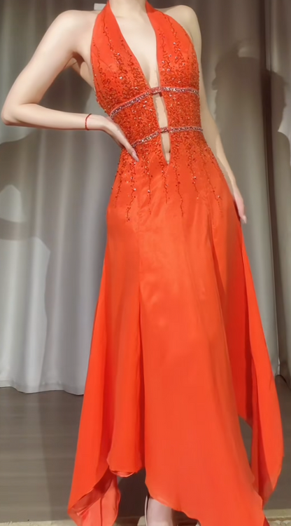 Schickes orangefarbenes Ballkleid A-Linie Neckholder Perlen Chiffon Langes Abendkleid DP05368