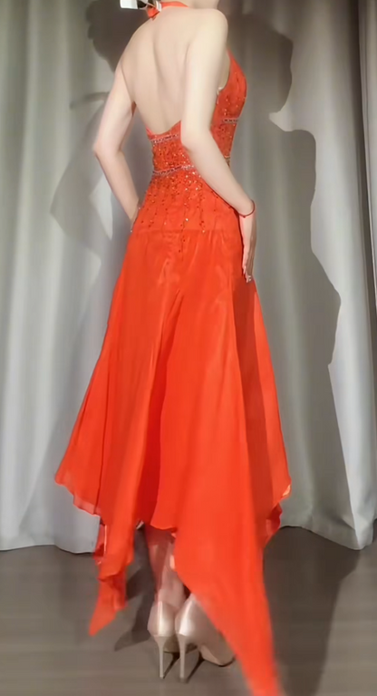 Schickes orangefarbenes Ballkleid A-Linie Neckholder Perlen Chiffon Langes Abendkleid DP05368