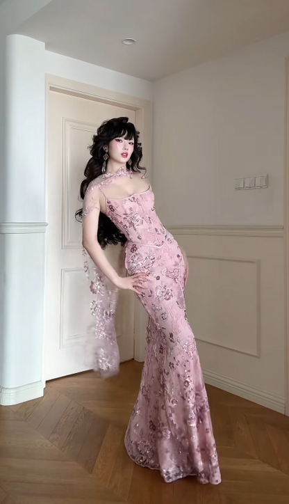 Robe de bal chic rose fourreau fines bretelles tulle floral longue robe de soirée DP05369