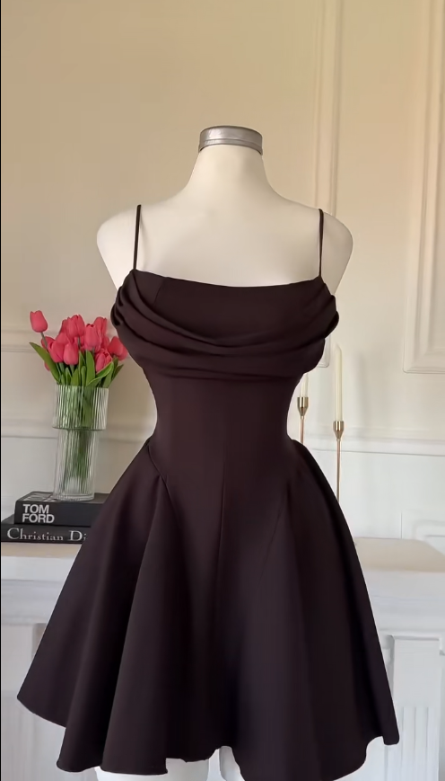 Simple Dark Brown Short Prom Dress Spaghetti Straps A-Line Cocktail Dress Sleeveless Satin Birthday Dress DP05378