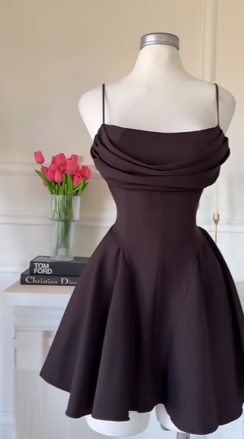 Simple Dark Brown Short Prom Dress Spaghetti Straps A-Line Cocktail Dress Sleeveless Satin Birthday Dress DP05378
