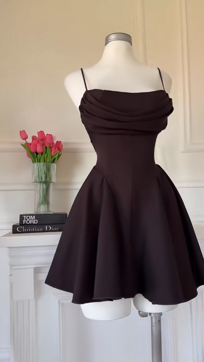 Simple Dark Brown Short Prom Dress Spaghetti Straps A-Line Cocktail Dress Sleeveless Satin Birthday Dress DP05378