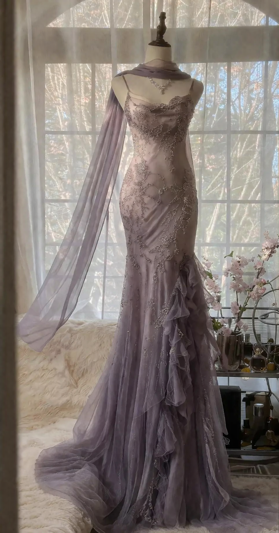 Elegantes, staubfarbenes lila Ballkleid, Spaghettiträger, Etui-Stil, Chiffon, Perlenstickerei, langes Abendkleid, ärmelloses Abendkleid DP05387