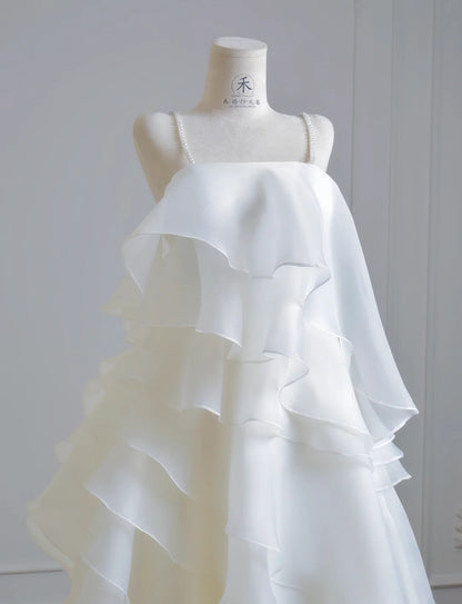 Simple White Wedding Dress Straps Sheath Bridal Dress Tiered Chiffon Bridal Gowns DP05389