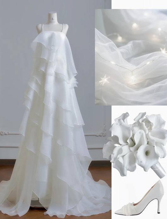 Simple White Wedding Dress Straps Sheath Bridal Dress Tiered Chiffon Bridal Gowns DP05389