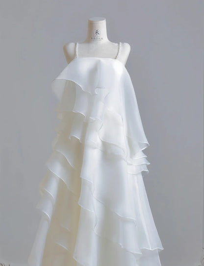 Simple White Wedding Dress Straps Sheath Bridal Dress Tiered Chiffon Bridal Gowns DP05389