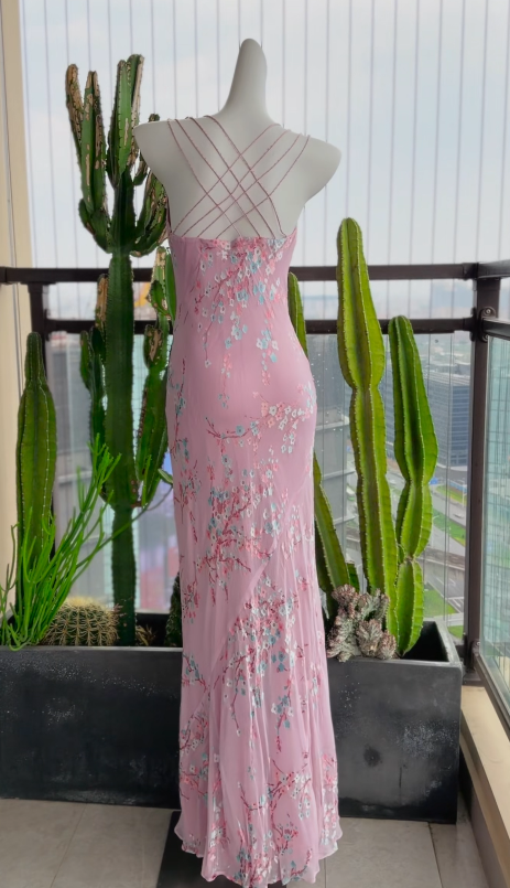 Simple Pink Wedding Guest Dress Sweetheart Sheath Chiffon Floral Long Evening Dress DP05390
