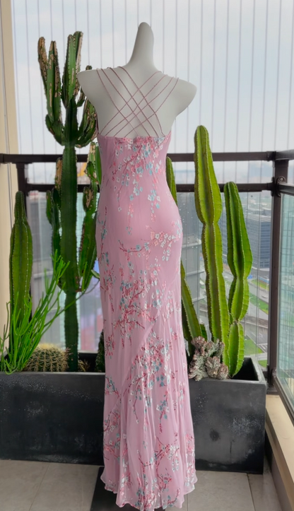 Simple Pink Wedding Guest Dress Sweetheart Sheath Chiffon Floral Long Evening Dress DP05390