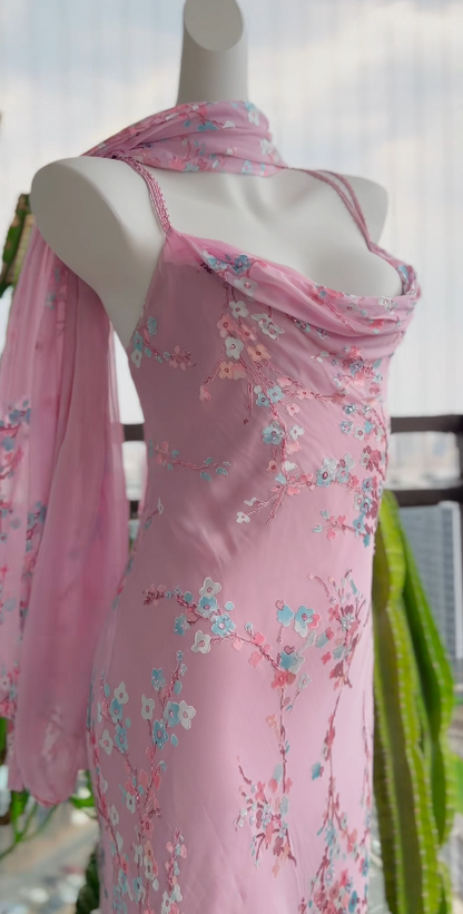 Simple Pink Wedding Guest Dress Sweetheart Sheath Chiffon Floral Long Evening Dress DP05390