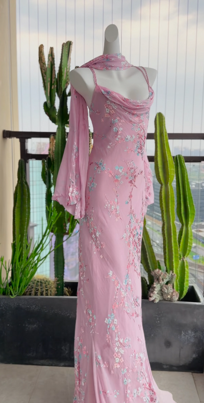 Simple Pink Wedding Guest Dress Sweetheart Sheath Chiffon Floral Long Evening Dress DP05390