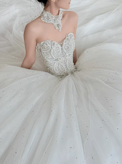 Zeitloses Sweetheart Brautkleid A-Linie Tüll Applikationen Hochzeitskleid Ärmellose Weiße Brautkleider DP05398