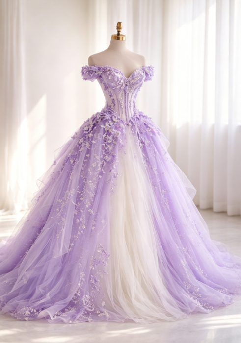 Wunderschönes lila Quinceanera-Kleid, schulterfreies Ballkleid, Tüllapplikationen, Sweet-16-Kleid, ärmelloses Geburtstagskleid DP05403