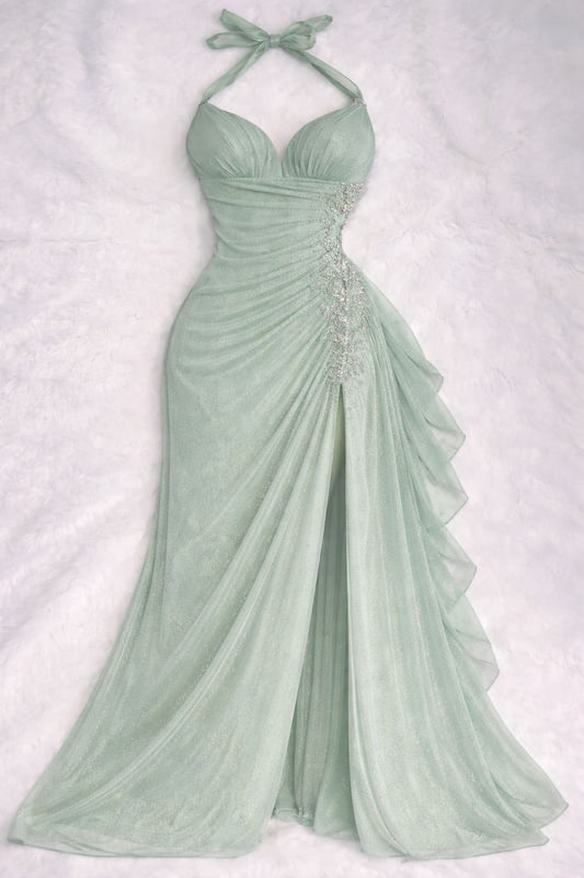 Classy Mint Green Prom Dress Halter Sheath Chiffon Long Evening Dress DP05408