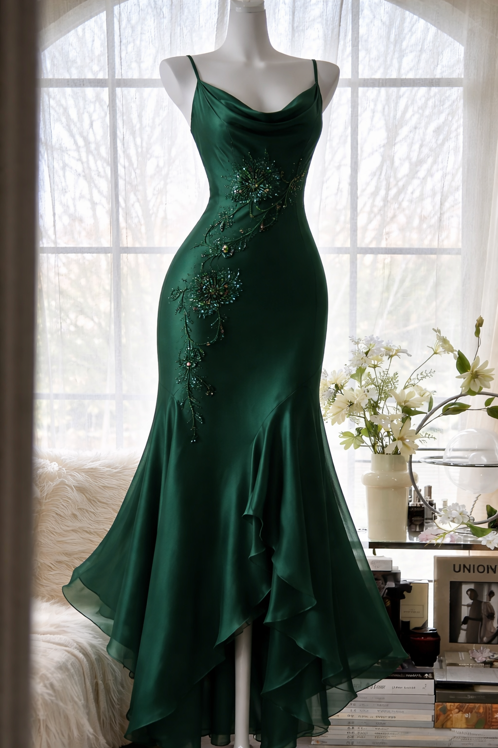 Robe de bal courte vert foncé élégante, bretelles spaghetti, robe de soirée fourreau en mousseline perlée DP05409