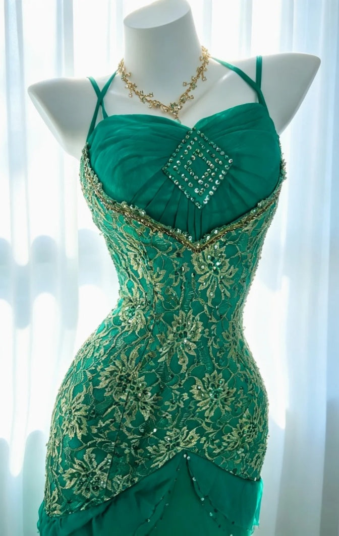 Classy Green Prom Dress Spaghetti Straps Formal Dress Sheath Tulle Long Evening Dress DP05410