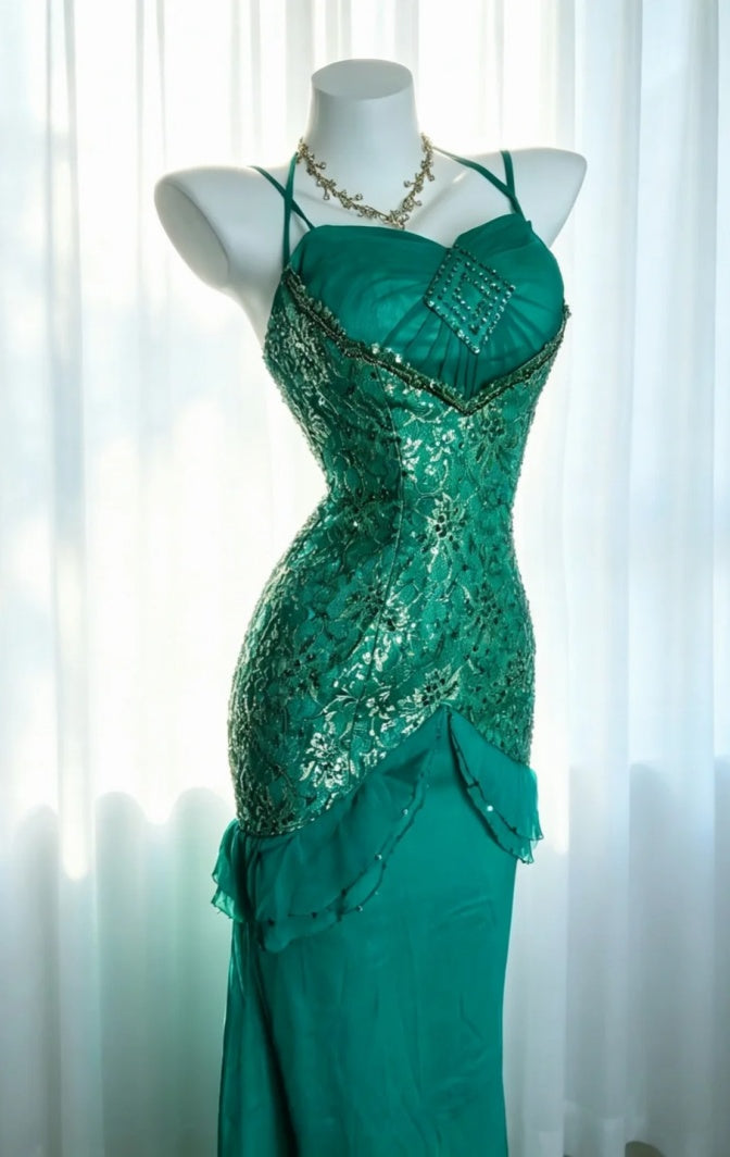 Classy Green Prom Dress Spaghetti Straps Formal Dress Sheath Tulle Long Evening Dress DP05410