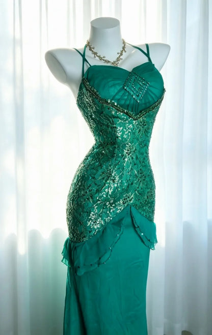 Classy Green Prom Dress Spaghetti Straps Formal Dress Sheath Tulle Long Evening Dress DP05410