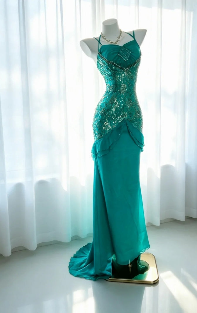 Classy Green Prom Dress Spaghetti Straps Formal Dress Sheath Tulle Long Evening Dress DP05410