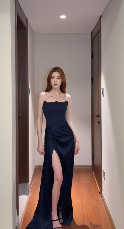 Sexy Navy Blue Prom Dress Strapless Formal Dress Sheath Satin Long Evening Dress with Slit DP05412