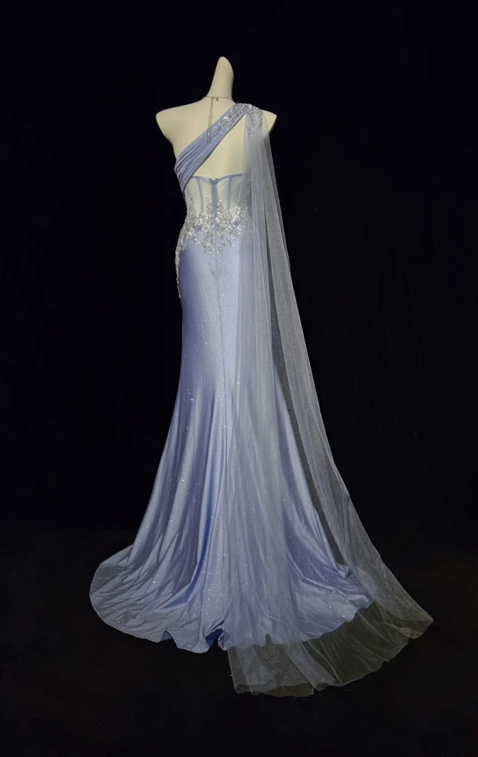 Sexy blaues Abschlussballkleid, One-Shoulder-Abendkleid, Etui-Form, perlenbesetzt, langes Abendkleid DP05413