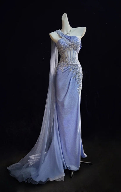 Sexy blaues Abschlussballkleid, One-Shoulder-Abendkleid, Etui-Form, perlenbesetzt, langes Abendkleid DP05413