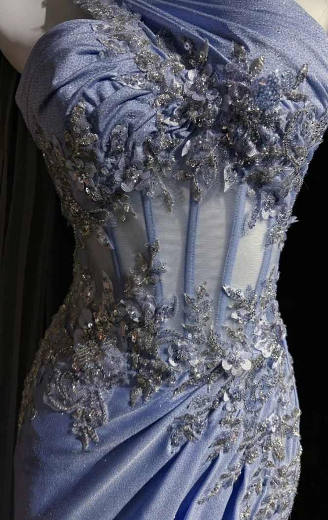 Sexy blaues Abschlussballkleid, One-Shoulder-Abendkleid, Etui-Form, perlenbesetzt, langes Abendkleid DP05413