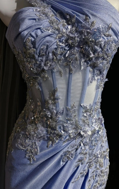 Sexy blaues Abschlussballkleid, One-Shoulder-Abendkleid, Etui-Form, perlenbesetzt, langes Abendkleid DP05413