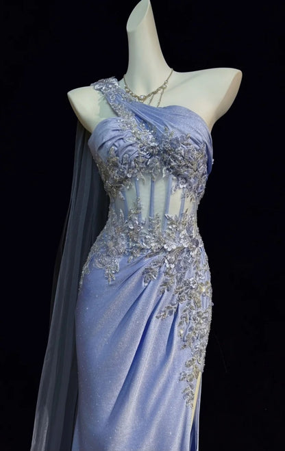 Sexy blaues Abschlussballkleid, One-Shoulder-Abendkleid, Etui-Form, perlenbesetzt, langes Abendkleid DP05413